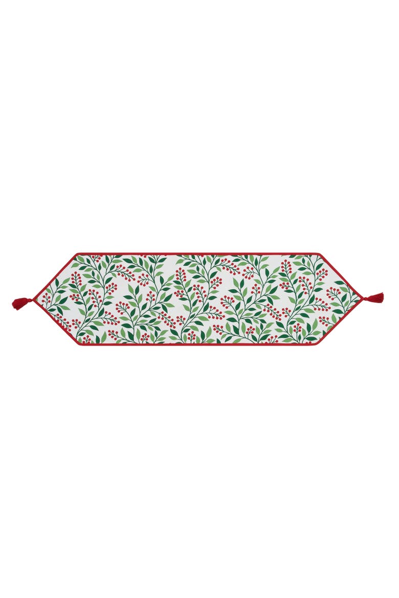 Holly Berry Botanical Christmas Tabletop Runner 14" x 51", Main, color, Green