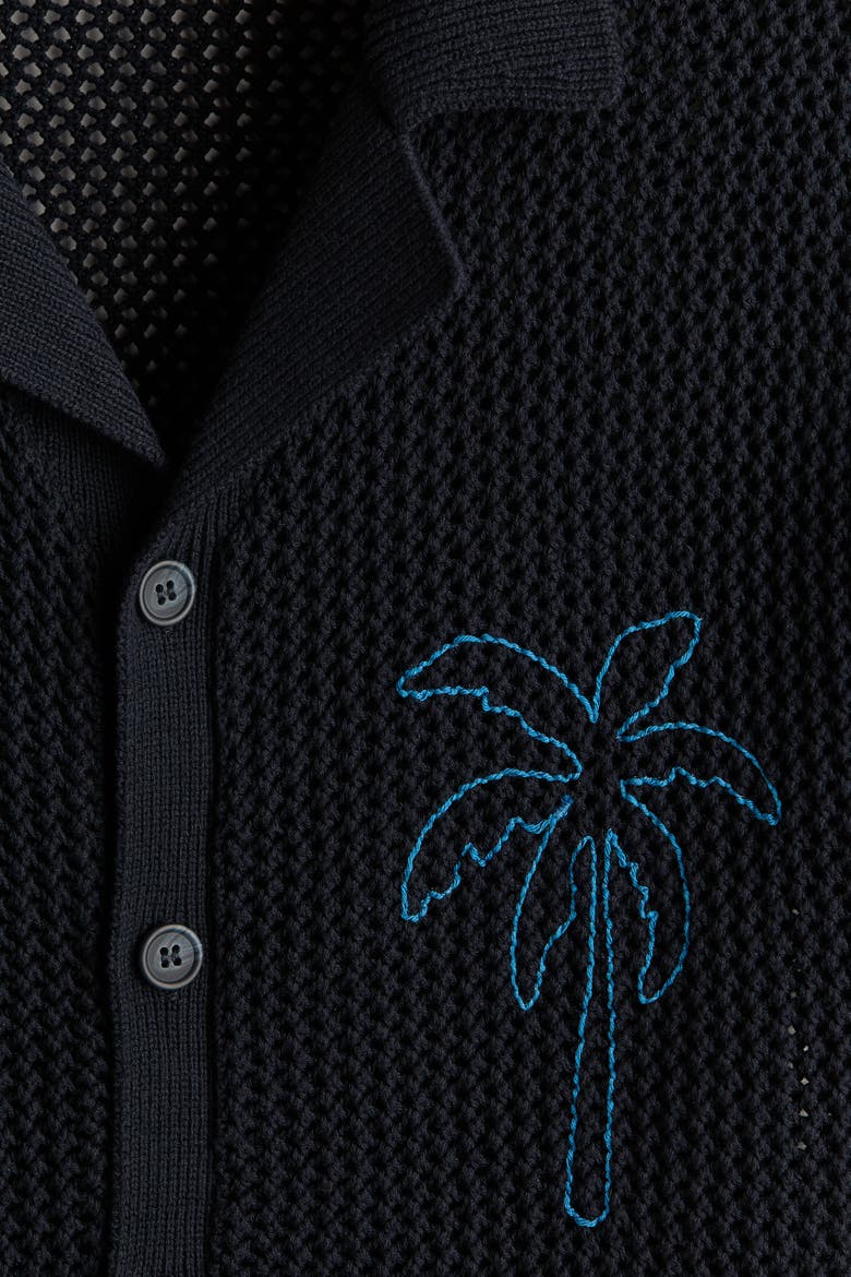 Relaxed Fit Hole-knit Resort Shirt, Alternate, color, Navy blue/palm tree