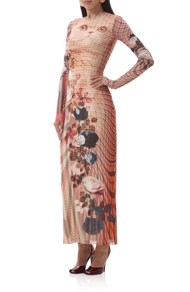 AFRM Didi Printed Long Sleeve Mesh Maxi Dress, Alternate, color, Kitten Plaid