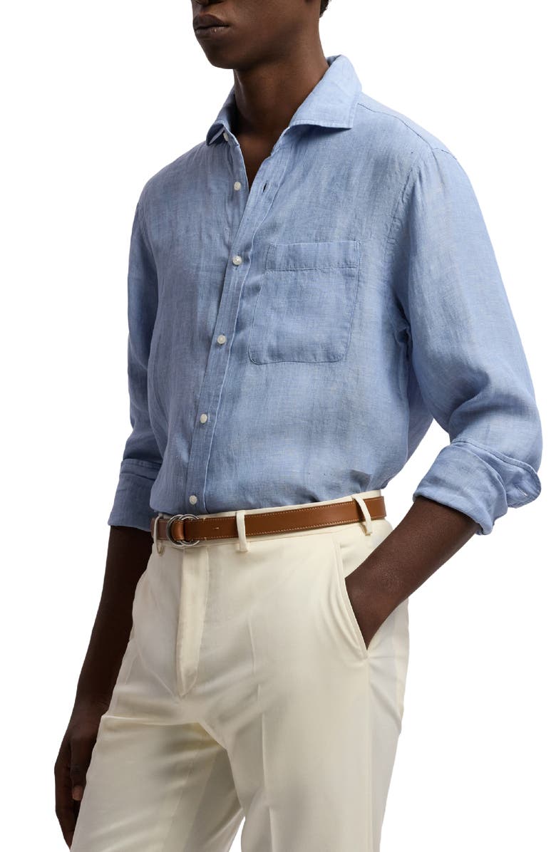 Ralph Lauren Purple Label Lightweight Linen Chambray Button-Up Shirt, Alternate, color, Infinity Blue