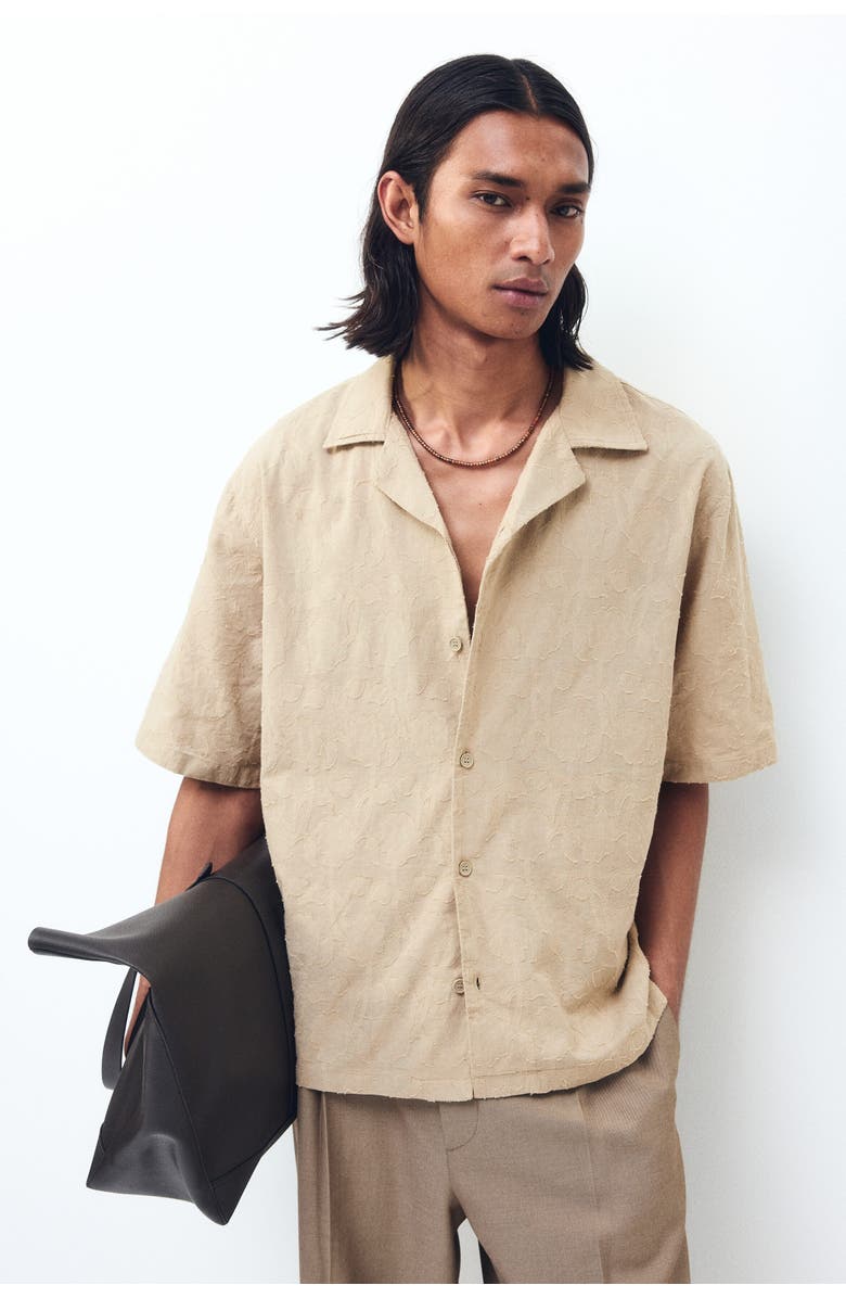H&M Relaxed Fit Textured Resort Shirt, Main, color, Dark Beige
