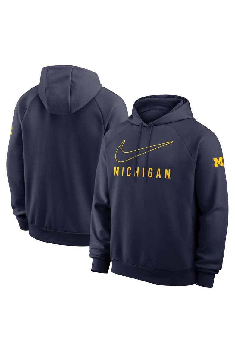 Men's Nike Navy Michigan Wolverines Premium Raglan Performance Pullover Hoodie, Alternate, color, Navy