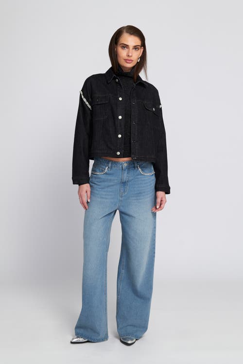 Elle Collection Rhinestone Trim Denim Jacket Shirt Coat In Black