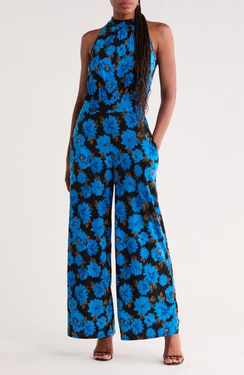West K Halter Neck Wide Leg Jumpsuit In Royal Floral