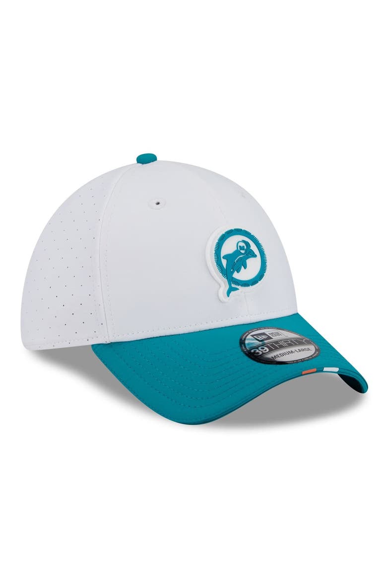 Men's New Era  White/Aqua Miami Dolphins 2025 NFL Training Camp Throwback Logo 39THIRTY Flex Hat, Alternate, color, White