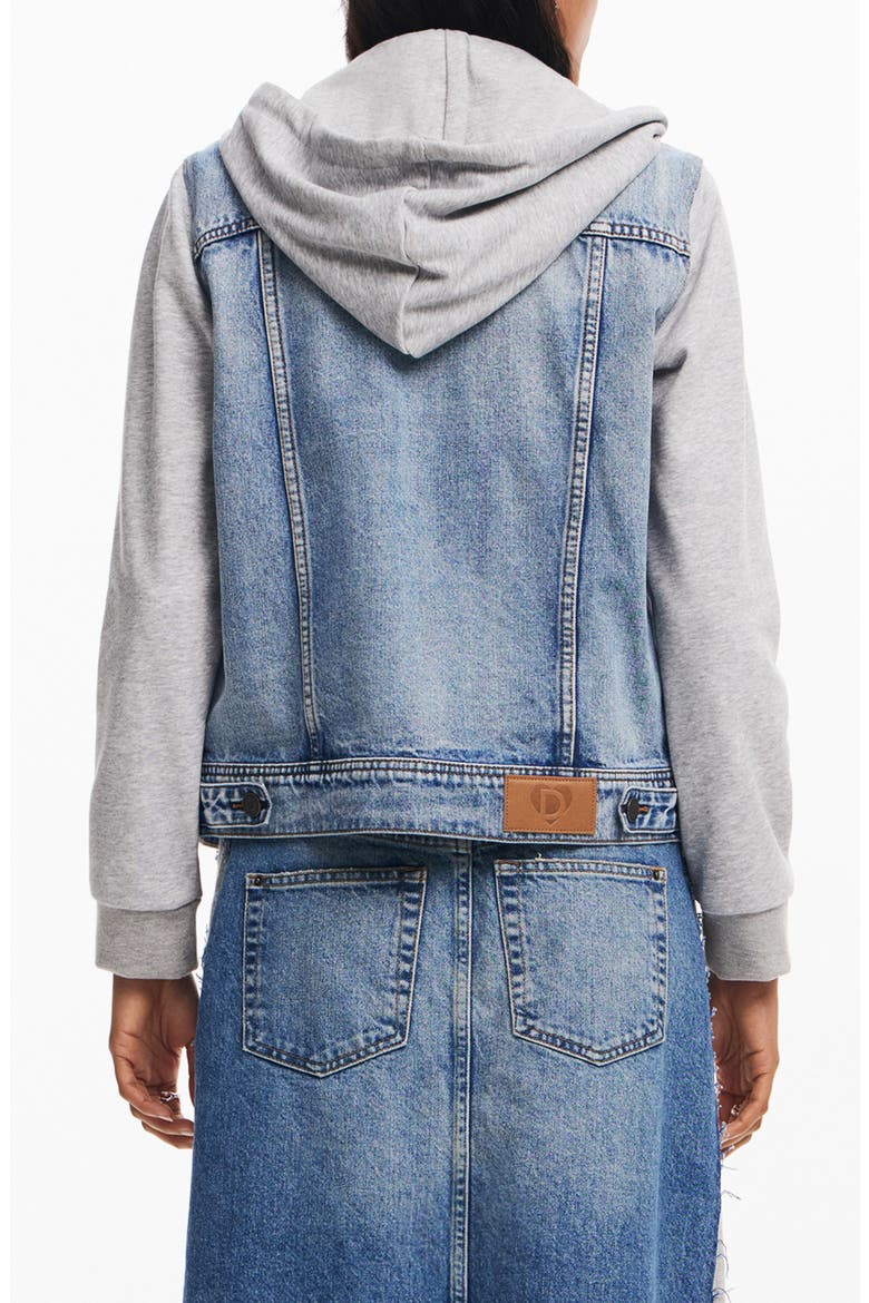 Mixed Media Denim & Cotton Fleece Hoodie, Alternate, color, BLUE