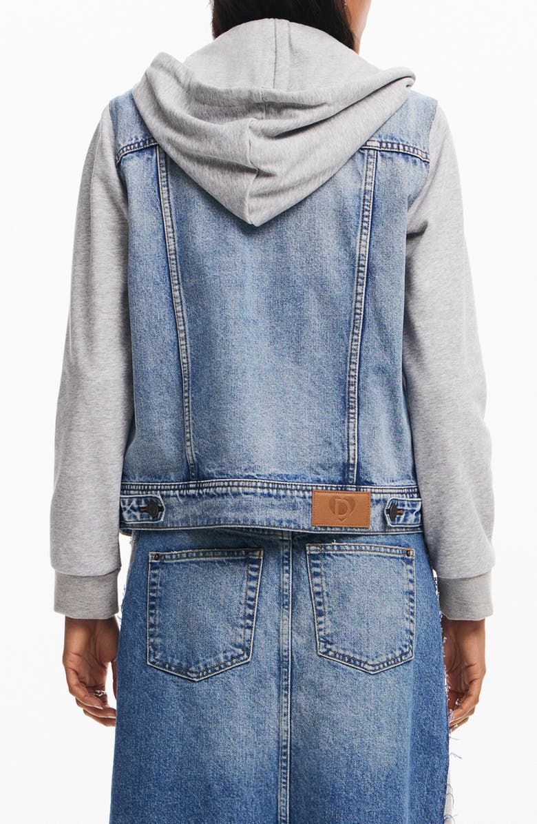 Desigual Mixed Media Denim & Cotton Fleece Hoodie, Alternate, color,