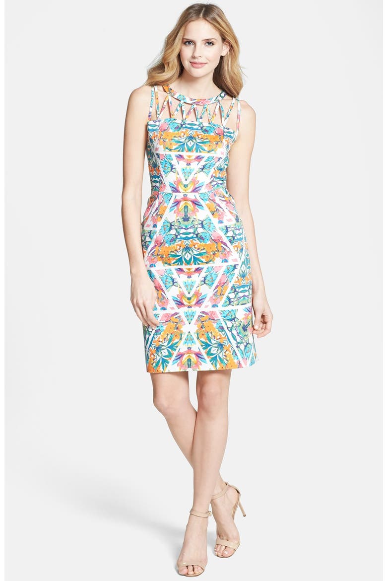 Caged Yoke Floral Print Sheath Dress, Main, color, IVORY MULTI