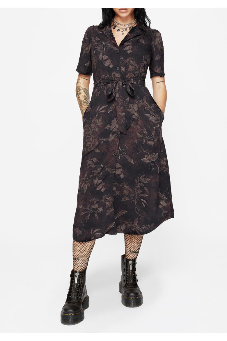 Ashmire Moth Print Tie-Waist Shirt Dress, Main, color, Black