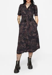 Disturbia Ashmire Moth Print Tie-Waist Shirt Dress