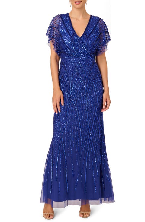 Beaded Sequin Surplice Trumpet Gown