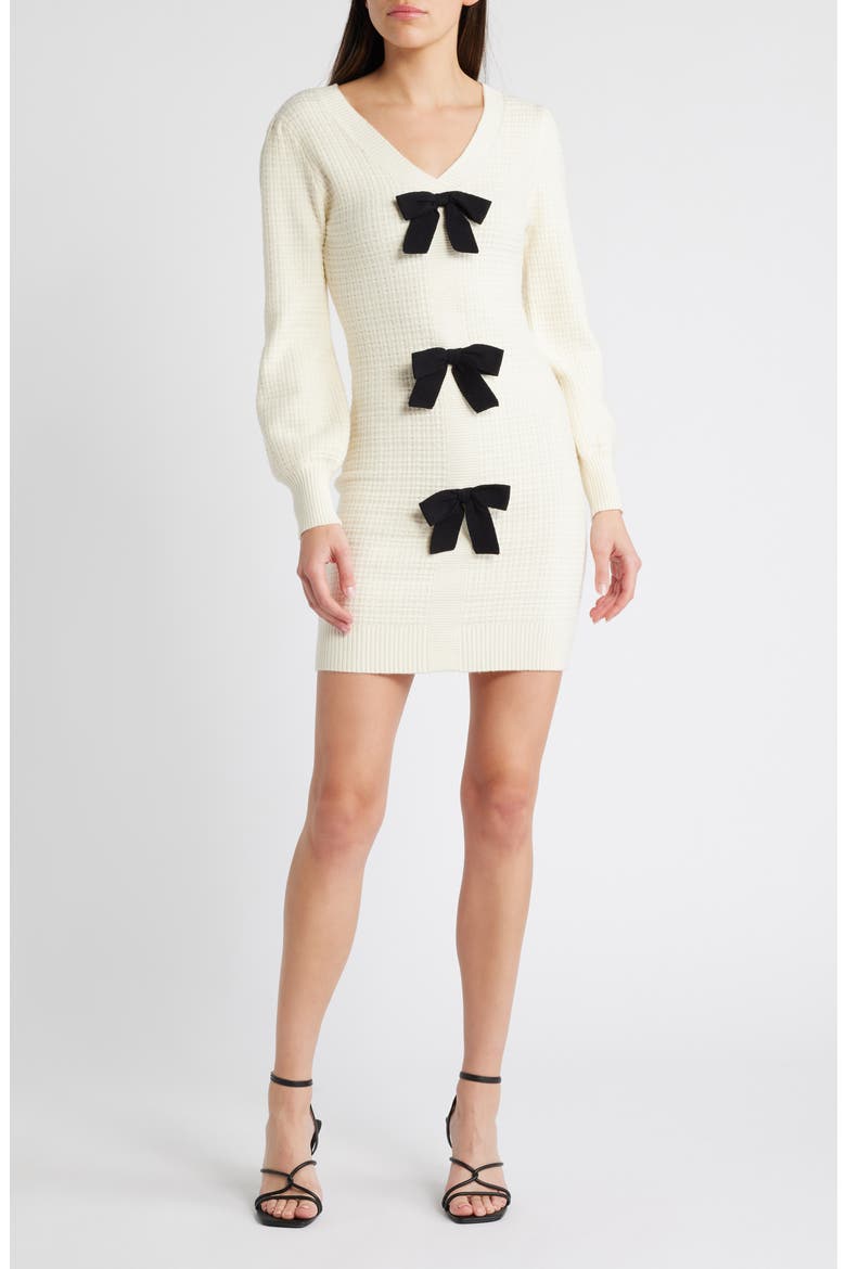 Bow Long Sleeve Sweater Dress, Main, color, CREAM
