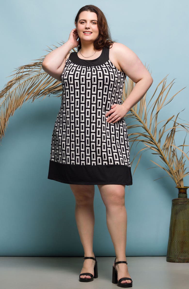 24seven Comfort Apparel Geo Print Sleeveless Knit Dress, Alternate, color, Black Multi