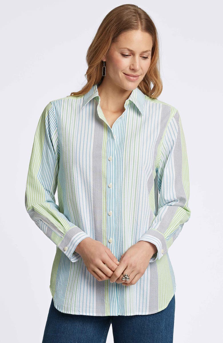 Foxcroft Relaxed Variegated Stripe Seersucker Button-Up Shirt, Alternate, color, Blue Multi
