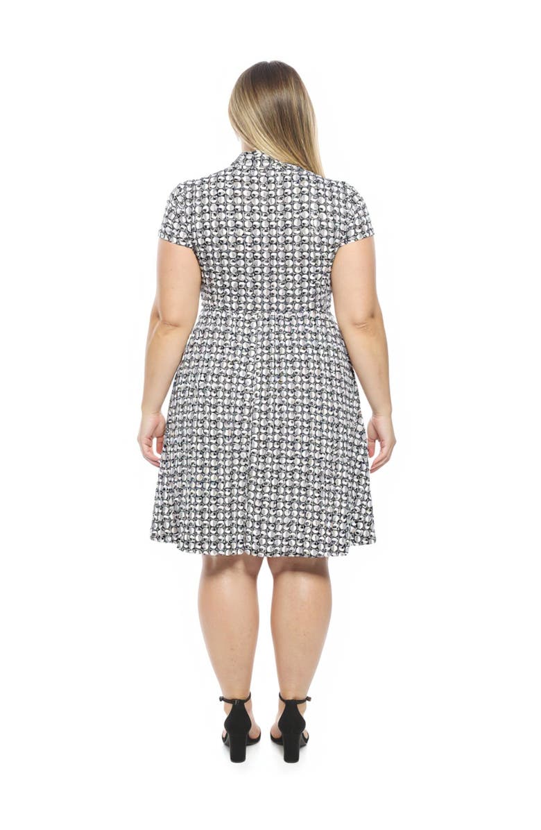 24seven Comfort Apparel Plus Size Geometric V-Neck Faux Wrap Knee Length A-Line Dress, Alternate, color, Black Multi