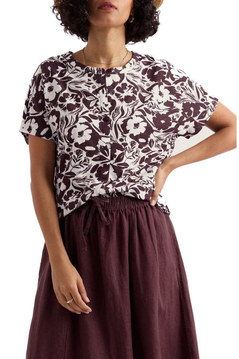 Tor Grass Floral Organic Cotton Jersey Button-Up Shirt, Main, color, SUMMER SHADOWS CACAO