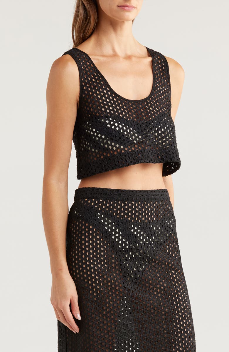 Solid & Striped The Minka Cotton Eyelet Crop Cover-Up, Alternate, color, Noir