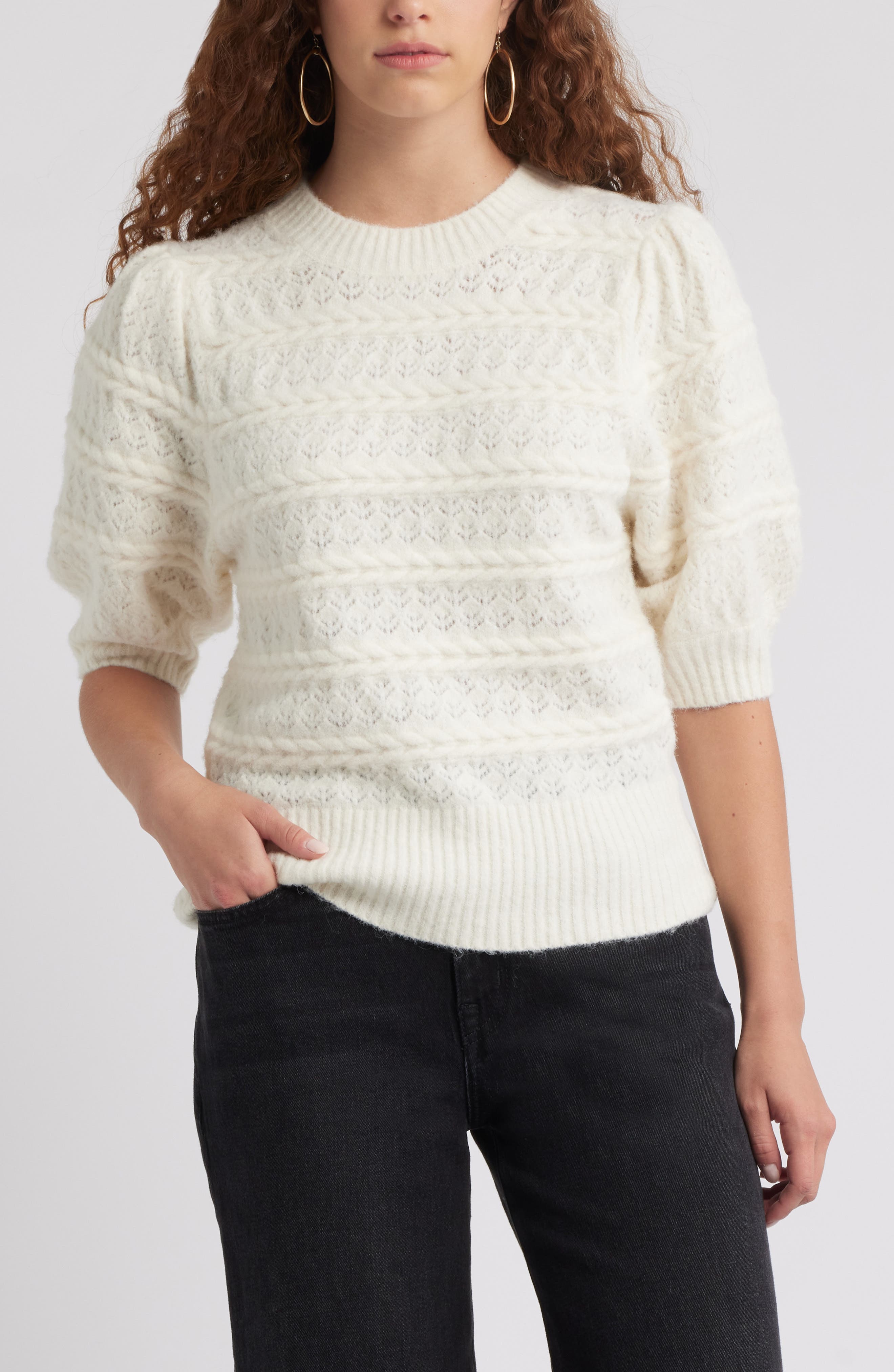 Treasure & Bond Puff Sleeve Cable Knit Sweater