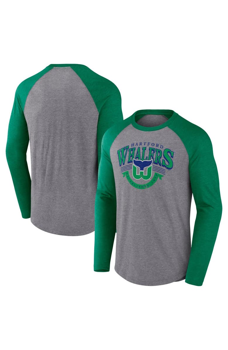 FANATICS Men's Fanatics Heather Gray/Heather Green Hartford Whalers Vintage Hockey Goal Crease Raglan Tri-Blend Long Sleeve T-Shirt, Alternate, color, Heather Gray
