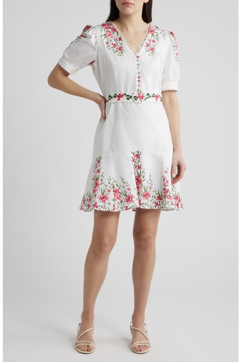 Floral Belted Puff Sleeve Midi Dress, Main, color, ULTRA WHITE