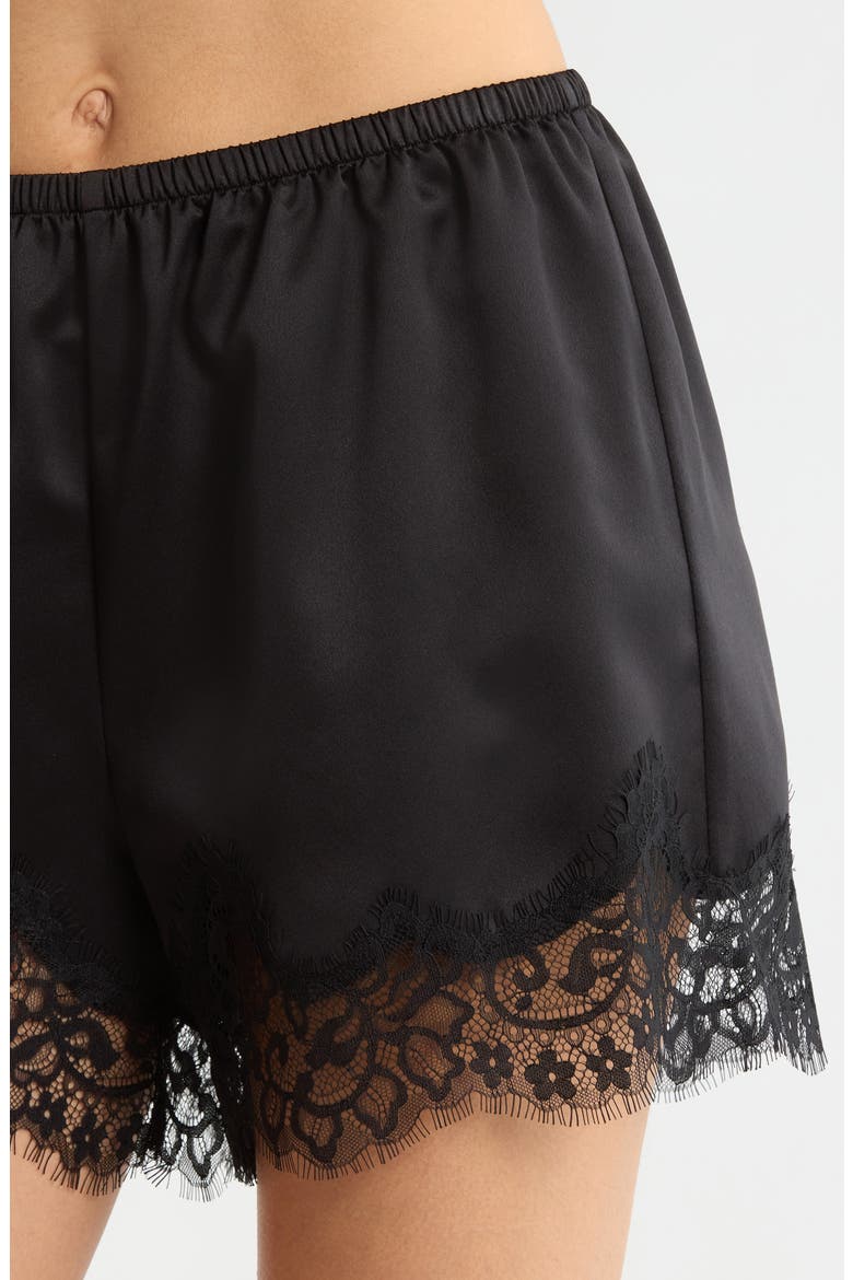 Lace Trim Satin Shortie Pajamas, Alternate, color, BLACK