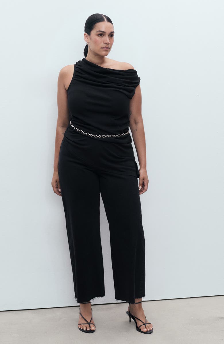 MANGO Catherin Frayed High Waist Wide Leg Culotte Jeans, Alternate, color, Black Denim