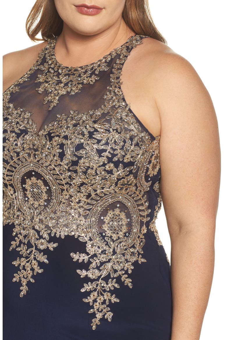 Xscape Embellished Mermaid Gown, Alternate, color, NAVY/ GOLD