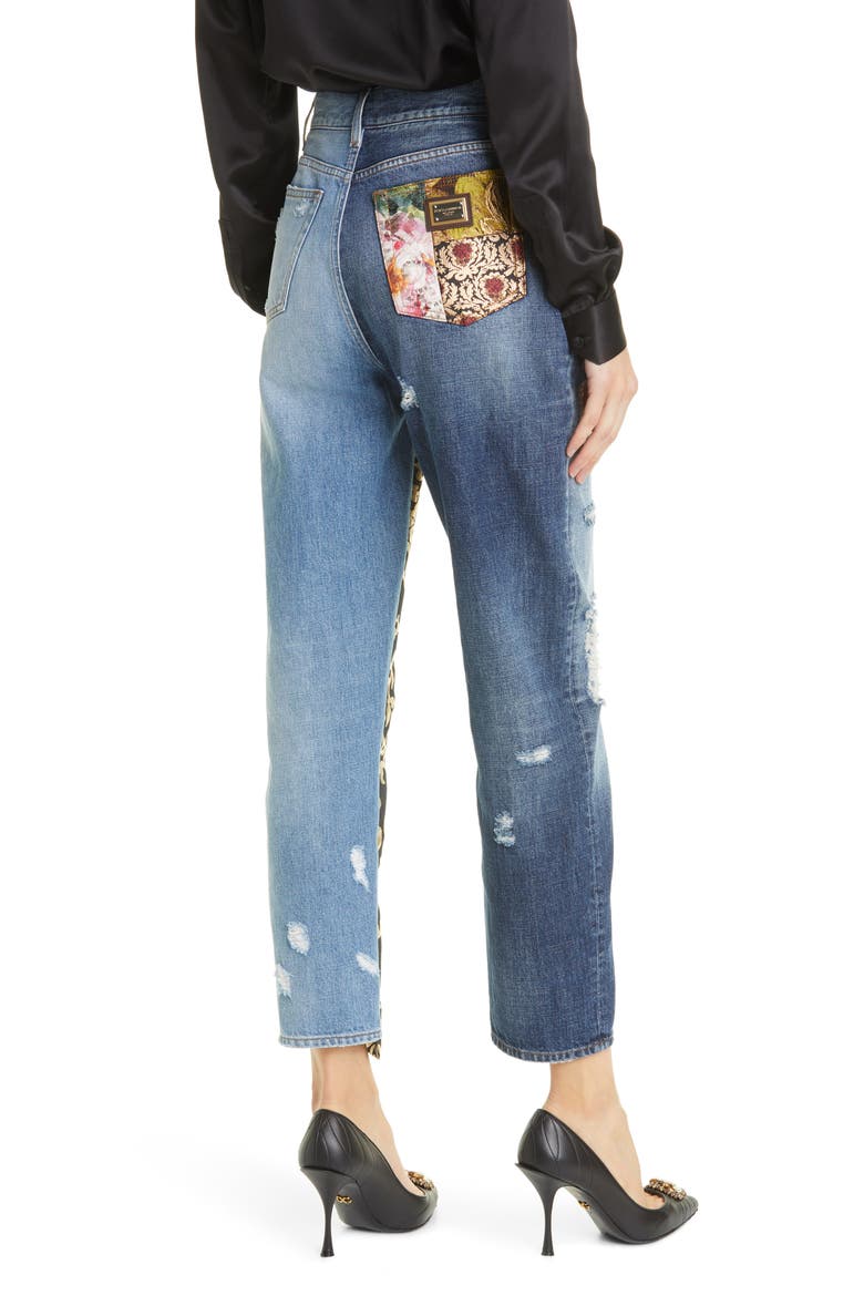 Distressed Brocade Patchwork Relaxed Crop Jeans, Alternate, color, MULTI