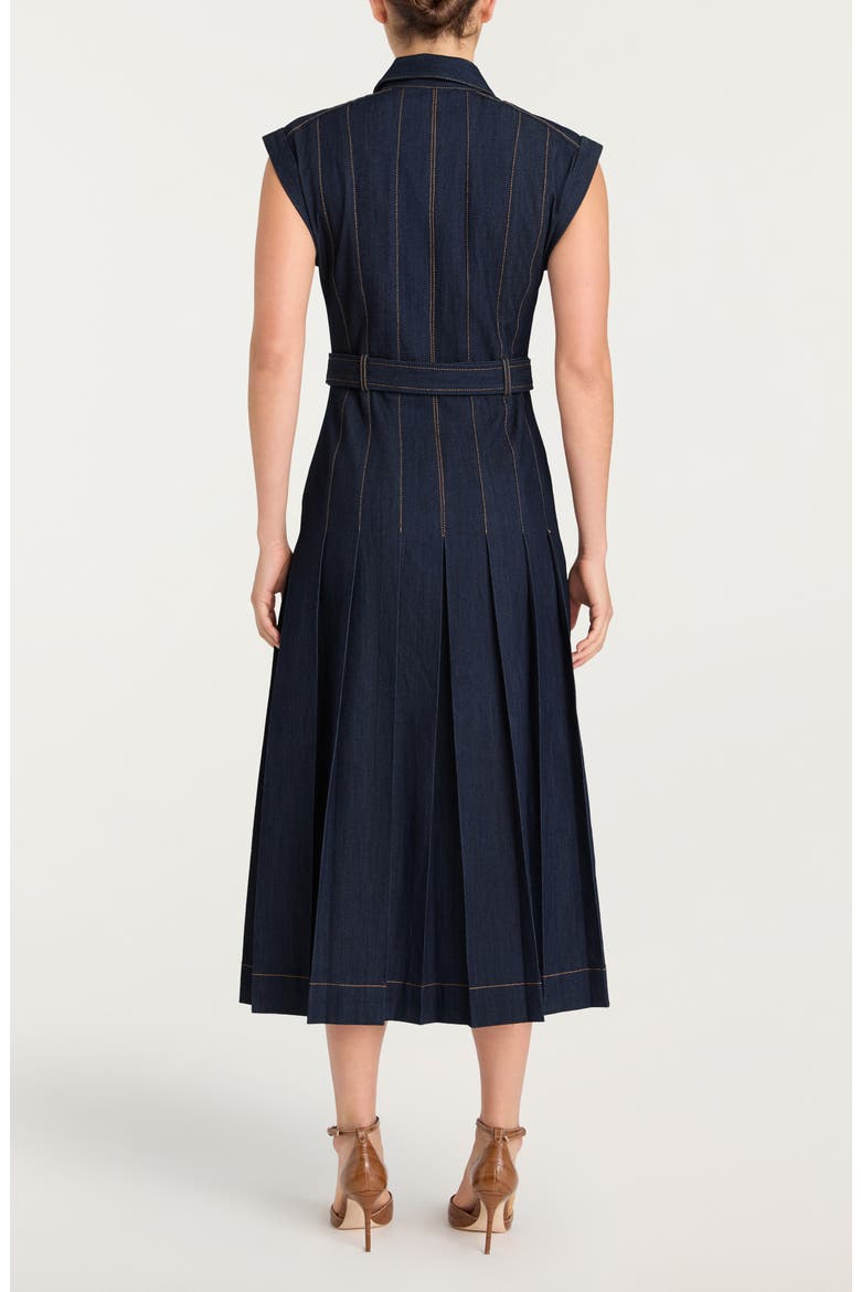 Karter Pleated Belted Denim Midi Dress, Alternate, color, INDIGO