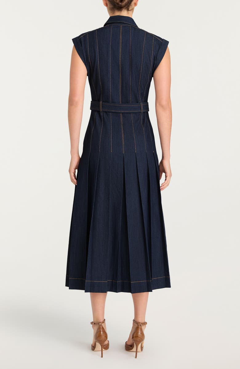 Cinq à Sept Karter Pleated Belted Denim Midi Dress, Alternate, color, Indigo