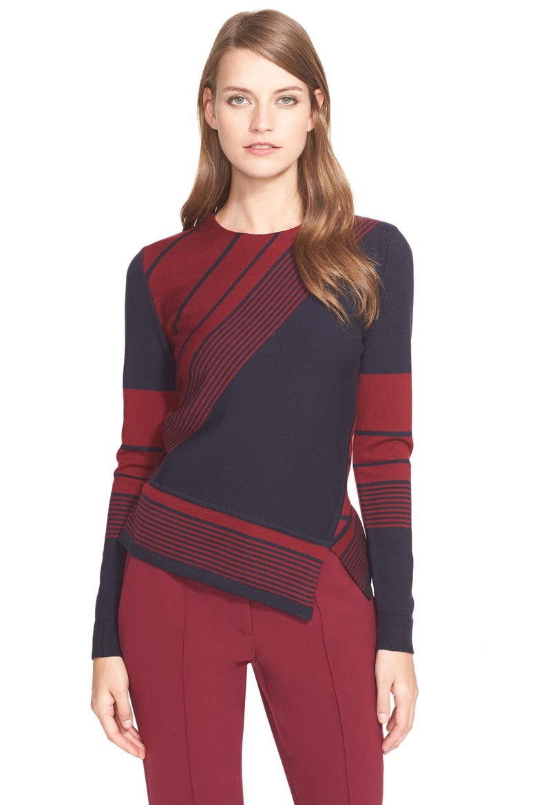Stripe Asymmetrical Peplum Merino Sweater, Main, color, RED AGATE LYON STRIPE