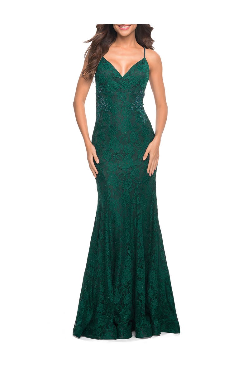 La Femme Lace Gown with Sheer Lace Applique Side Panels, Alternate, color, Dark Emerald