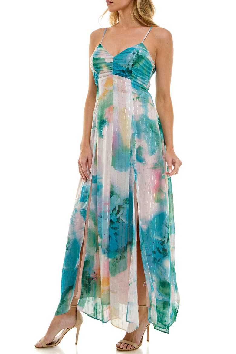 Asymmetric Metallic Chiffon Gown, Alternate, color, IVORY/ AQUA