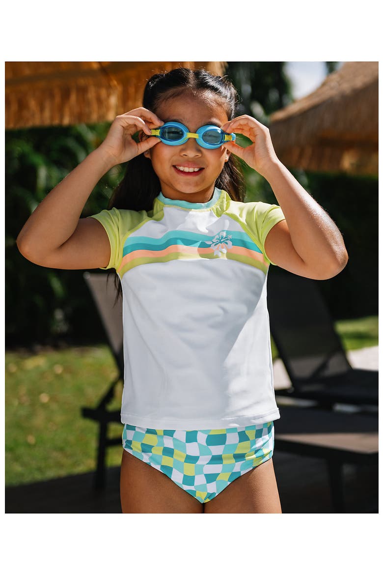 Girls Chlorine Resistant Short Sleeve Rash Guard 3 Piece Swimsuit Set, Main, color, Checkers/Turquoise