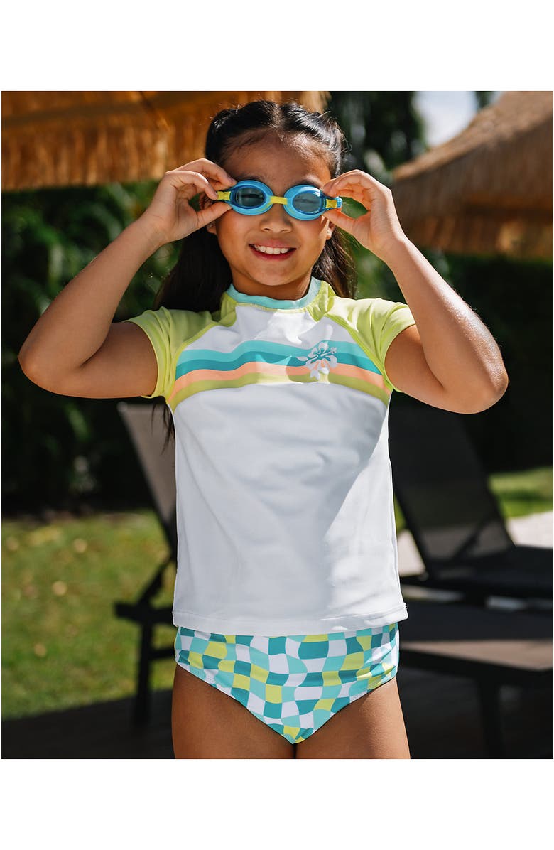 Lands' End Girls Chlorine Resistant Short Sleeve Rash Guard 3 Piece Swimsuit Set, Main, color, Checkers/Turquoise