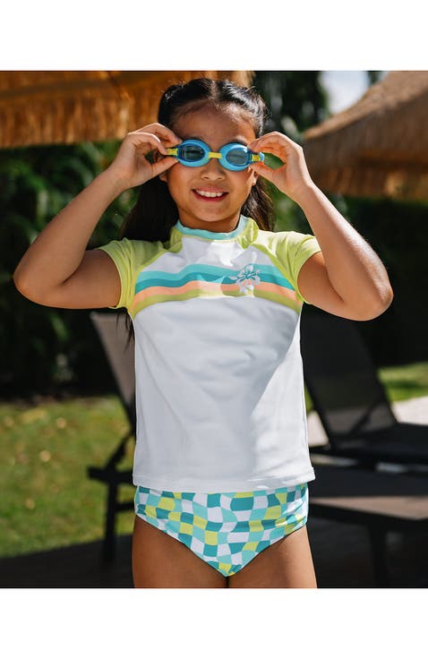 Girls Chlorine Resistant Short Sleeve Rash Guard 3 Piece Swimsuit Set