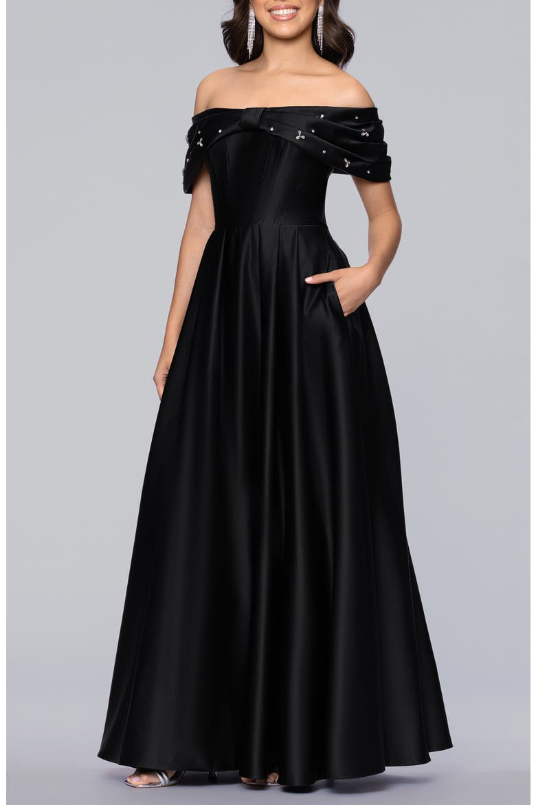 Rhinestone Off the Shoulder Satin Ballgown, Alternate, color, BLACK