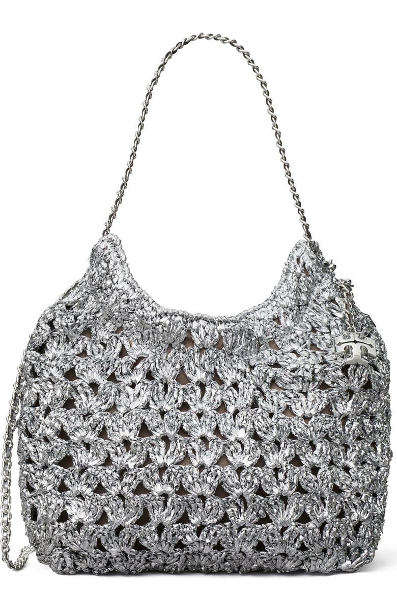 Tory Burch Fleming Metallic Woven Mini Hobo Bag, Main, color, Silver