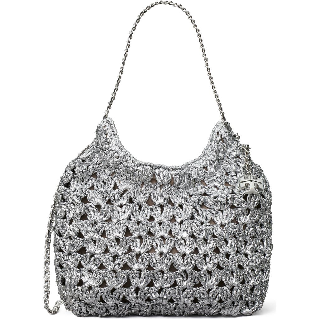 Tory Burch Fleming Metallic Woven Mini Hobo Bag In Silver