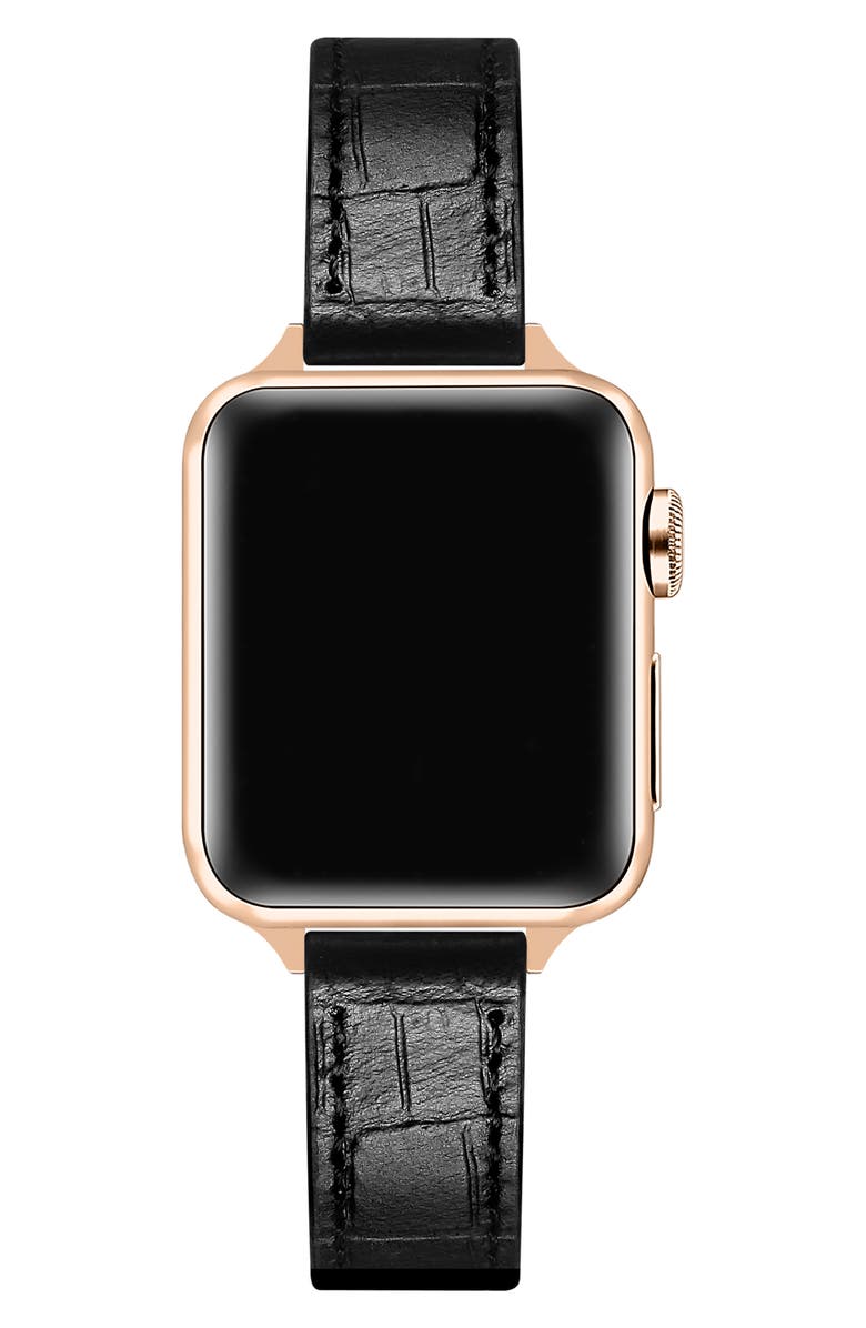 The Posh Tech Carmen Skinny Croc Embossed Leather Apple Watch<sup>®</sup> Watchband, Alternate, color, Black