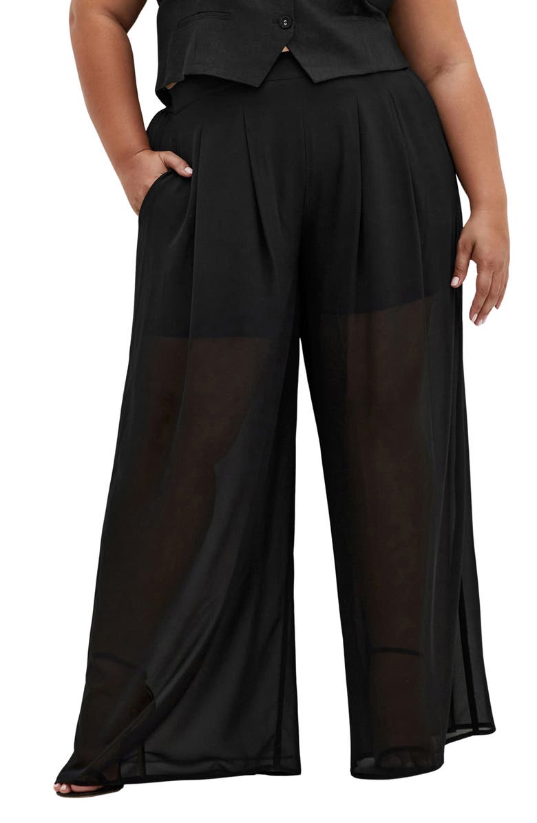 City Chic Corina Semisheer Wide Leg Pants, Main, color, Black