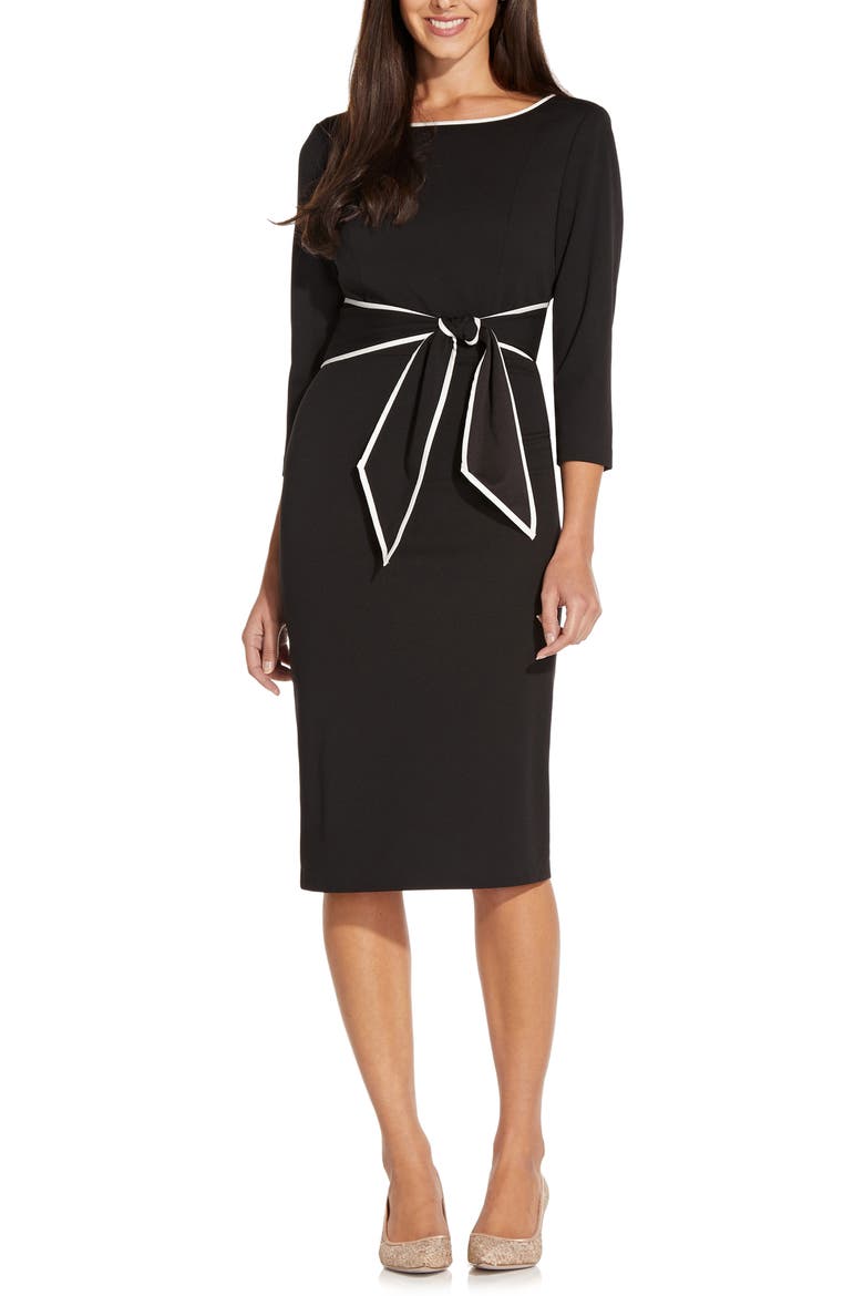 Tipped Three-Quarter Sleeve Crepe Dress, Main, color, BLACK/IVORY