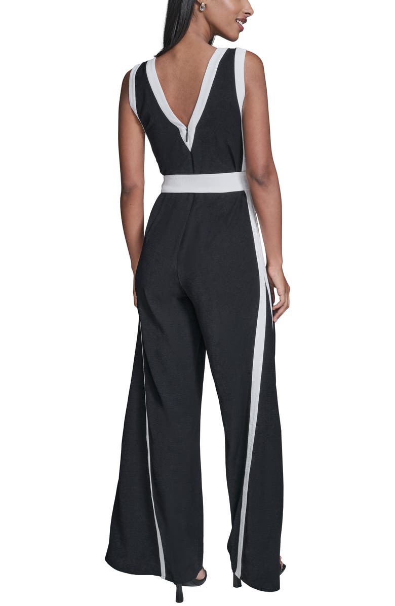 KARL LAGERFELD Aerowash Sleeveless Tie Waist Wide Leg Jumpsuit, Alternate, color, Black Soft White