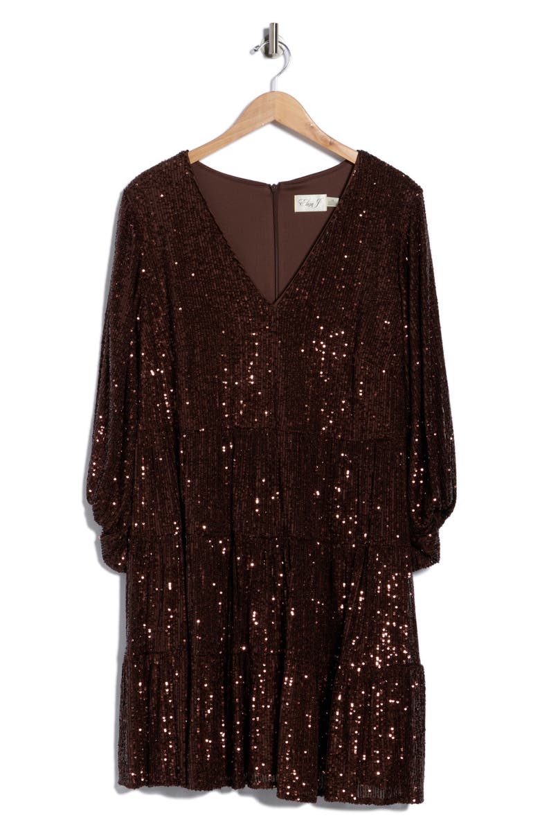 Eliza J Balloon Sleeve Tiered Sequin Trapeze Dress, Alternate, color, Chocolate