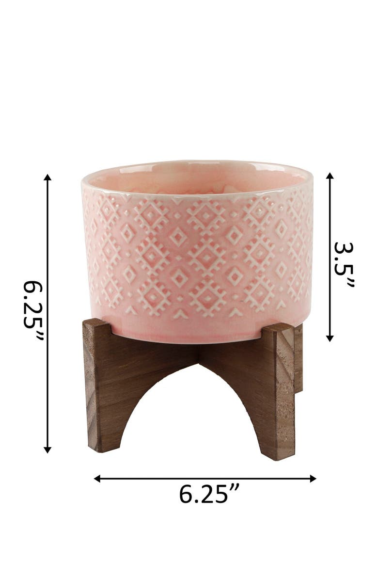 FLORA BUNDA 5" Geo Ceramic Planter on Wood Stand, Alternate, color, Pink