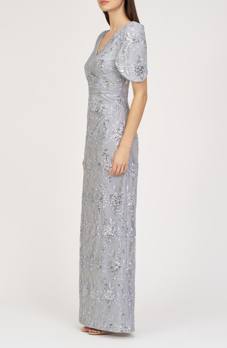 JS Collections Elena Floral Embroidered Column Gown, Alternate, color, Silver