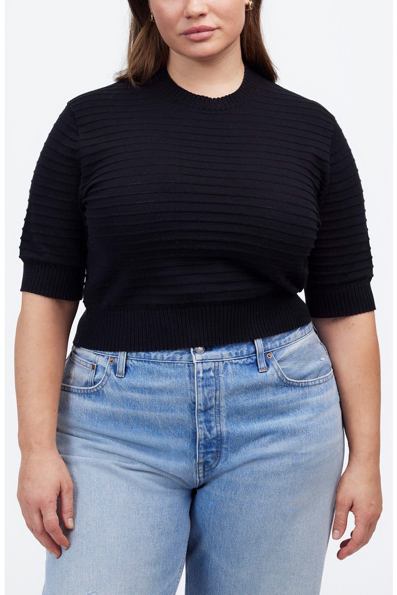Textural Stitch Cotton Sweater, Alternate, color, BLACK