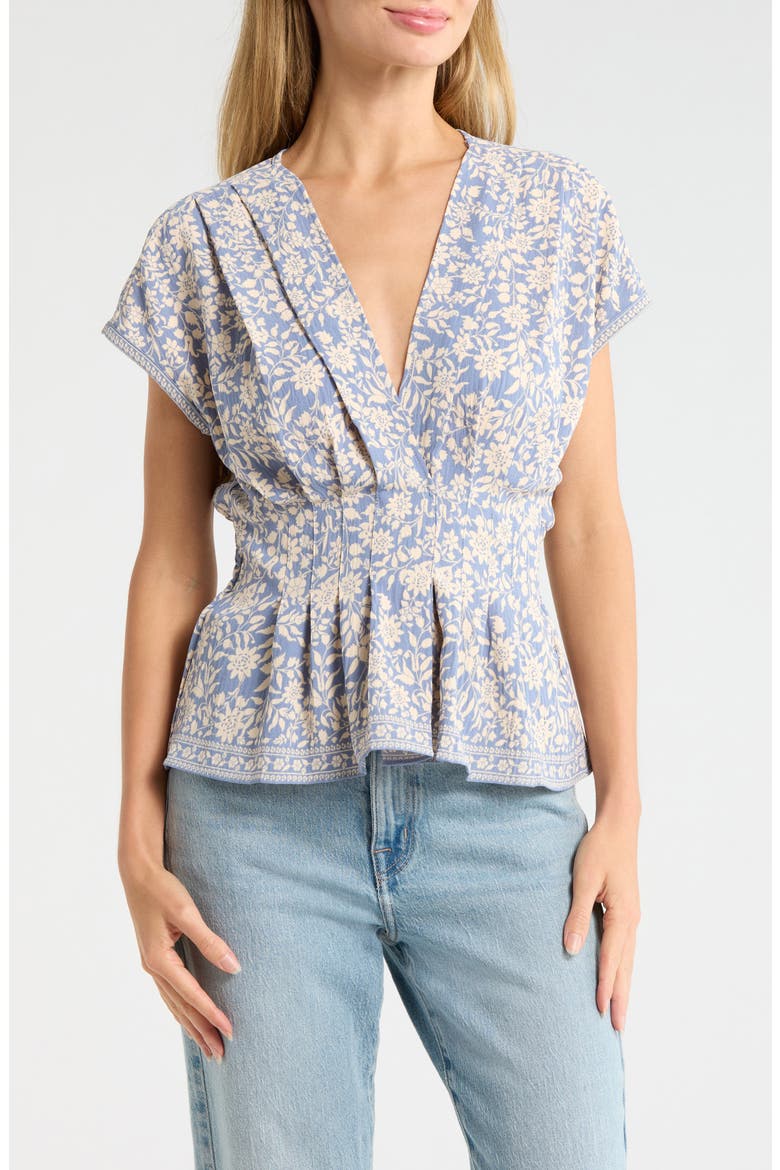 V-Neck Short Sleeve Pleated Top, Main, color, SKY SUMMER SILHOUETTE
