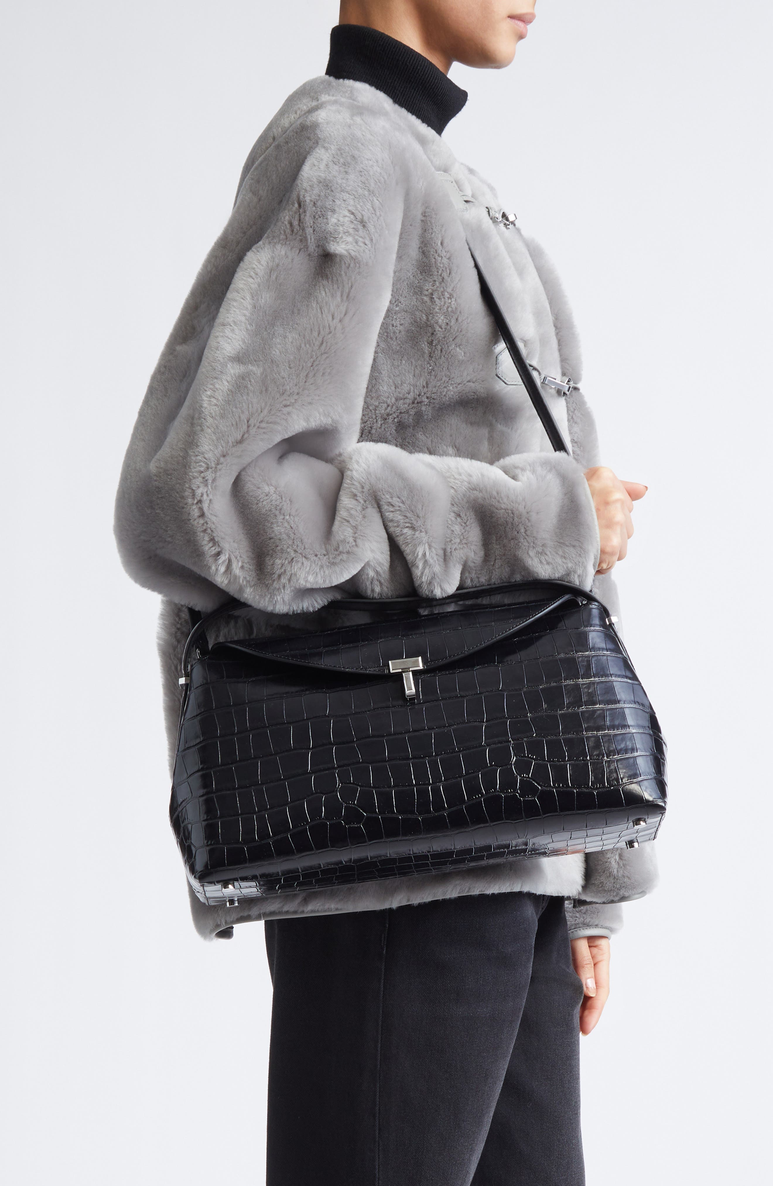 TOTEME T-Lock Croc Embossed Leather Top Handle Bag, Alternate, color, 