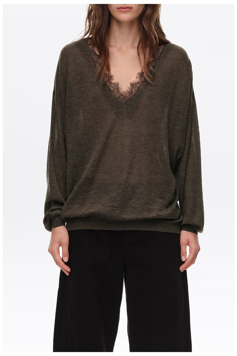Long Wool Blend Lace Trim Sweater, Main, color, CHOCOLATE
